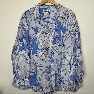 H Halston 100% Linen Floral Button Up Blue And White Long Sleeve Size 3X